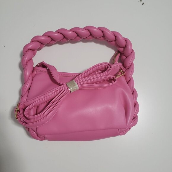New Braided Handle Vegan‎ Leather Hobo Bag in Bubblegum Pink - Picture 2 of 7